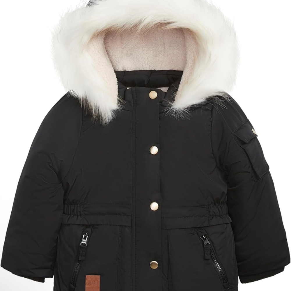 London Fog Black Hooded Winter Coat with Faux Fur Trim